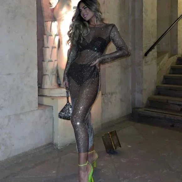 rhinestone mesh dress self-portrait - Brown Rhinestone Mesh Maxi Dress main image 0